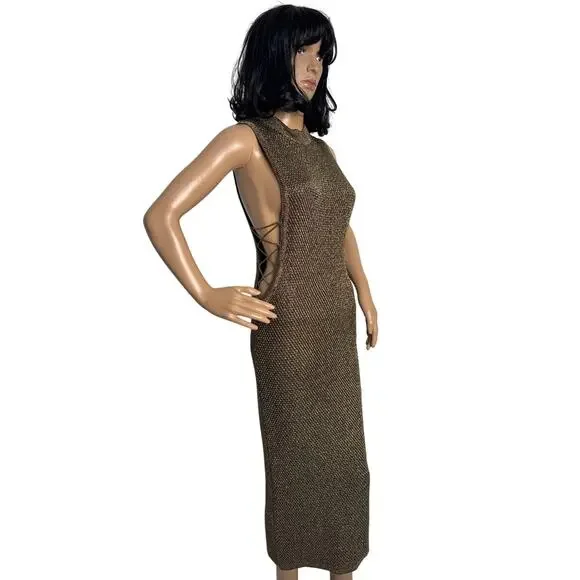 NWT WOW Couture Gold Metallic Mesh Bodycon Dress w/ Chain Detail large